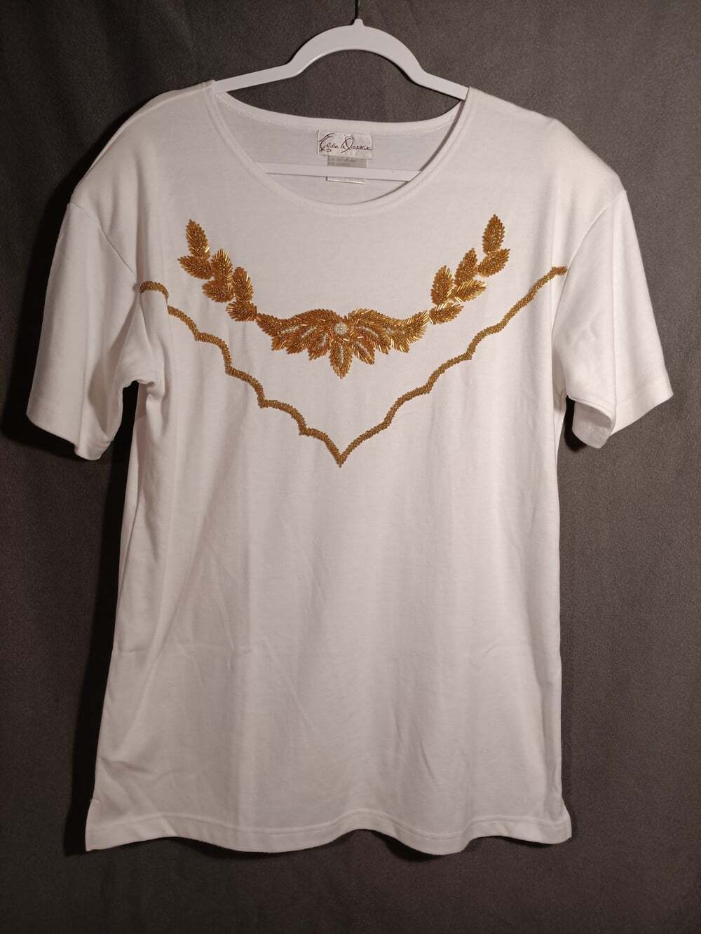 Eddie Wassin White Gold Beaded Embellished Tee Women’s Medium 80s Shoulder Pads